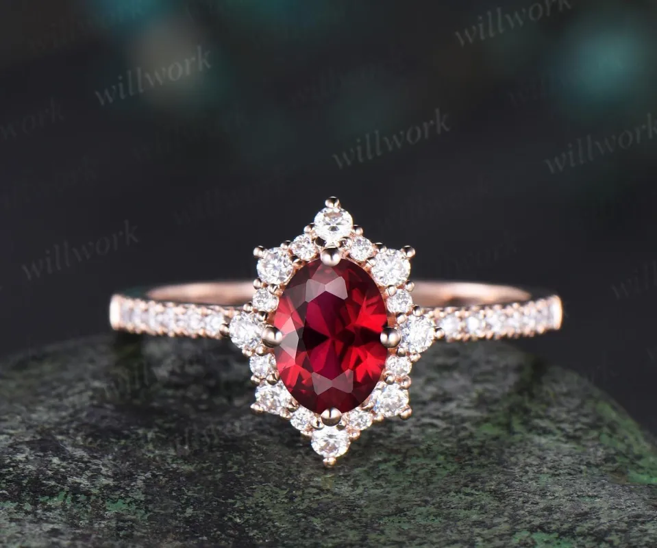 1ct oval cut red ruby engagement ring snowdrift halo diamond 14k rose gold ring women half eternity unique anniversary ring gift sold by Willwork Jewelry