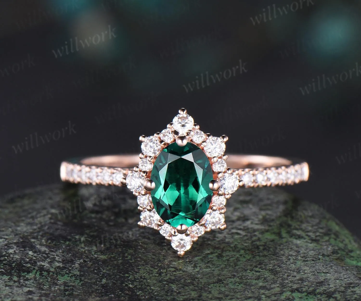1ct oval cut green emerald ring vintage snowdrift halo engagement ring women 14k rose gold half eternity diamond promise ring her jewelry sold by Willwork Jewelry