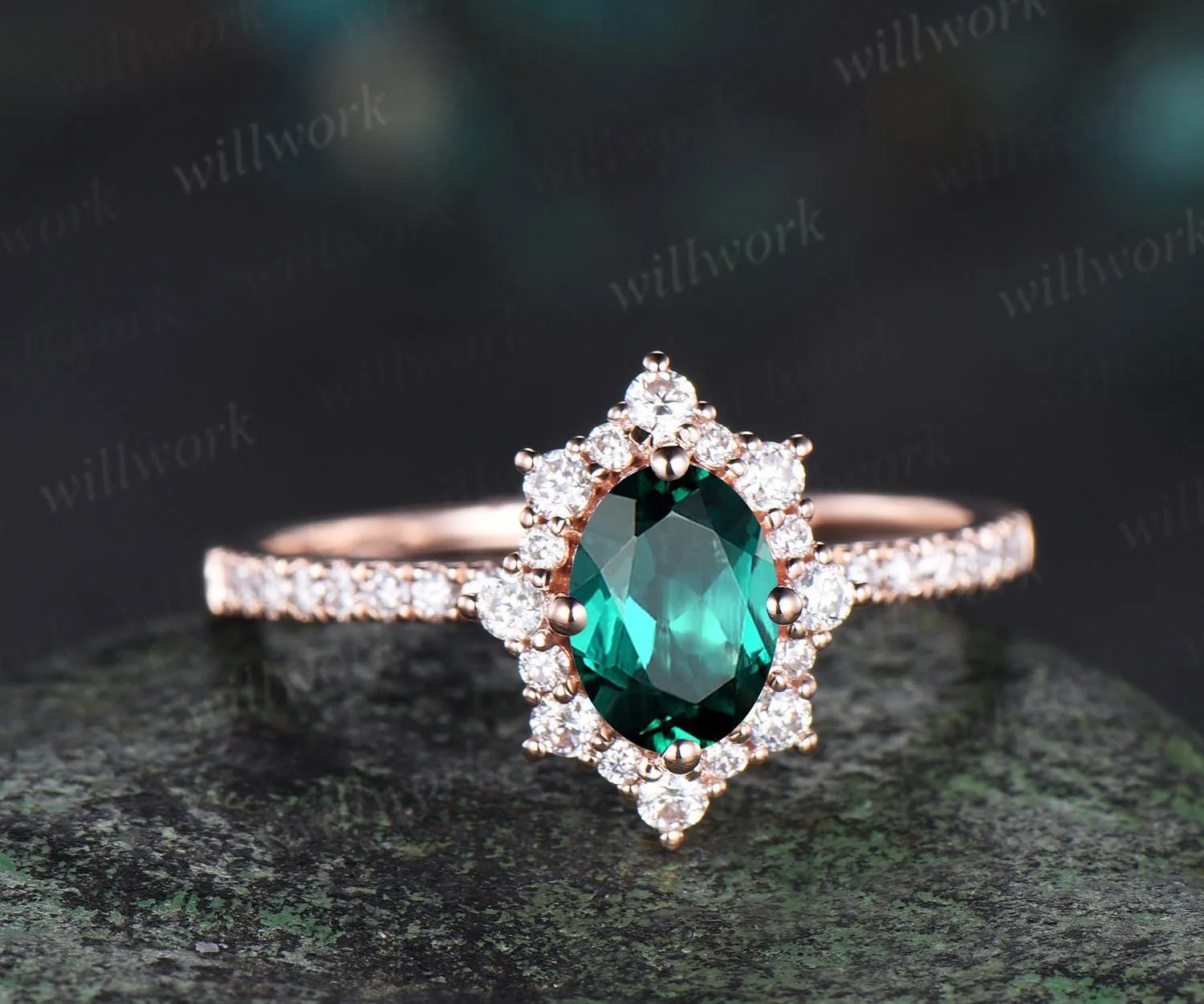 1ct oval cut green emerald ring vintage snowdrift halo engagement ring women 14k rose gold half eternity diamond promise ring her jewelry sold by Willwork Jewelry product image thumbnail 2