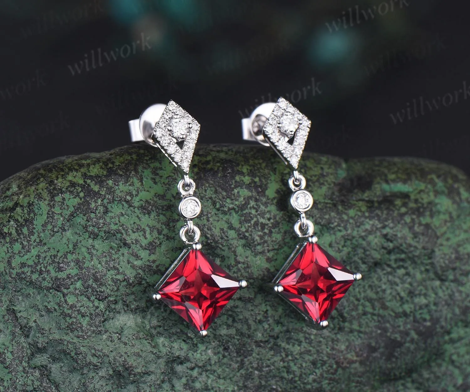 1ct princess cut red ruby earrings women 14k white gold bezel kite halo diamond drop earrings antique anniversary gift for her sold by Willwork Jewelry product image thumbnail 2
