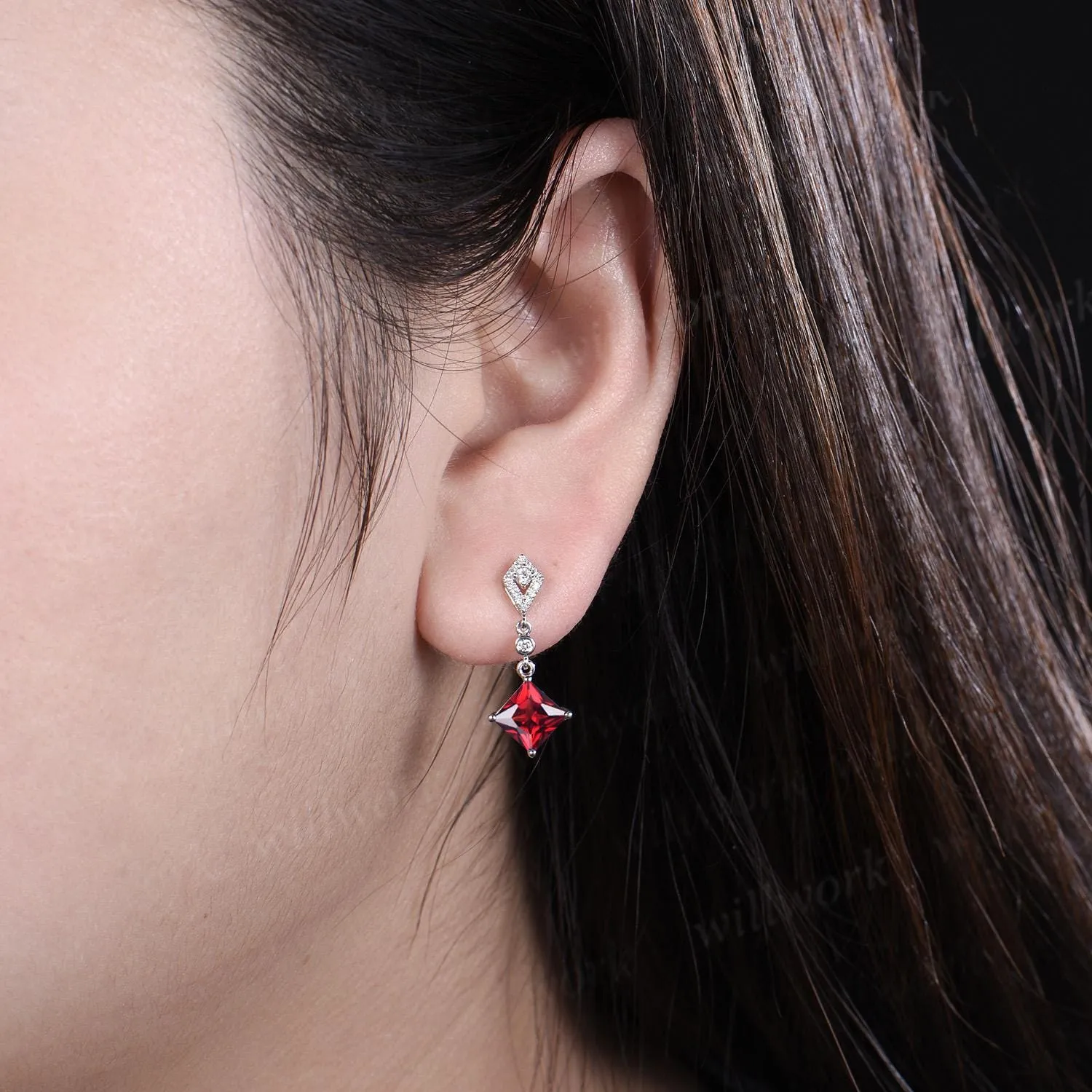 1ct princess cut red ruby earrings women 14k white gold bezel kite halo diamond drop earrings antique anniversary gift for her sold by Willwork Jewelry product image thumbnail 3