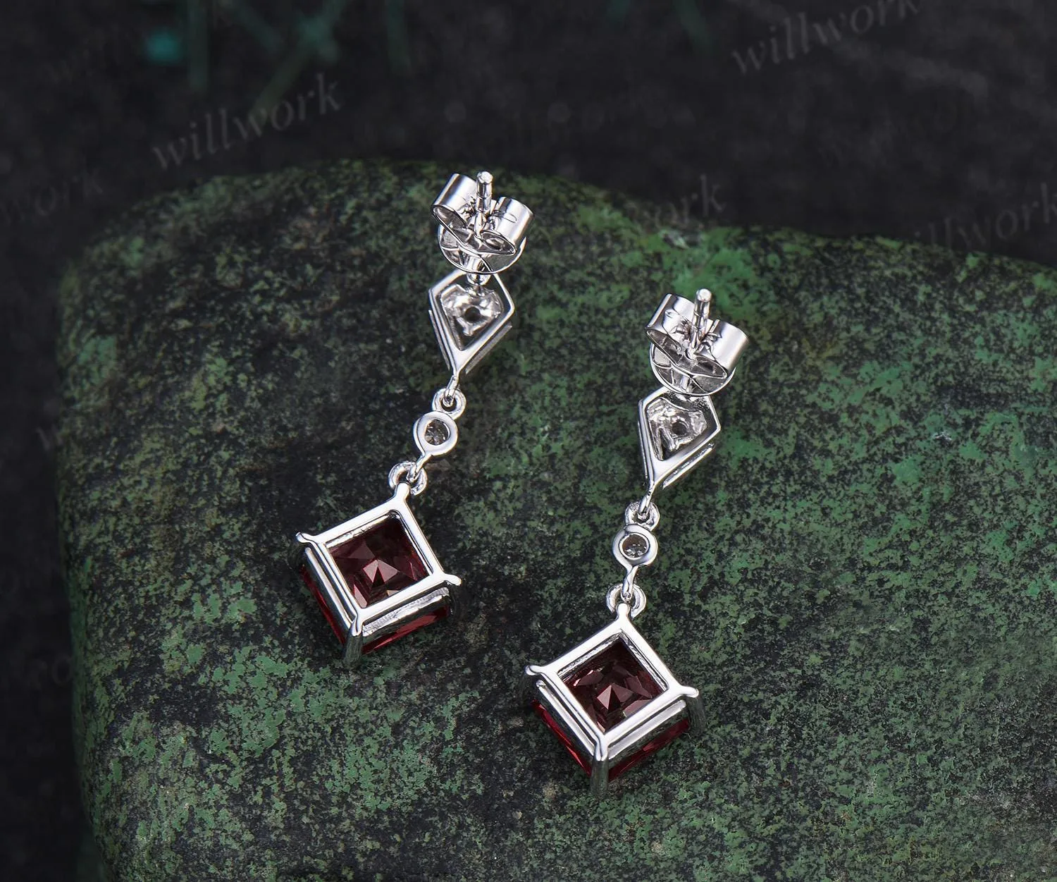 1ct princess cut red ruby earrings women 14k white gold bezel kite halo diamond drop earrings antique anniversary gift for her sold by Willwork Jewelry product image thumbnail 4