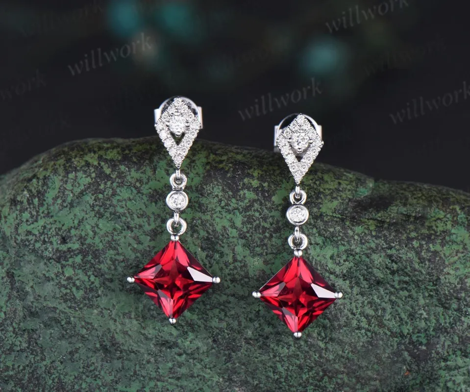 1ct princess cut red ruby earrings women 14k white gold bezel kite halo diamond drop earrings antique anniversary gift for her made by Willwork Jewelry