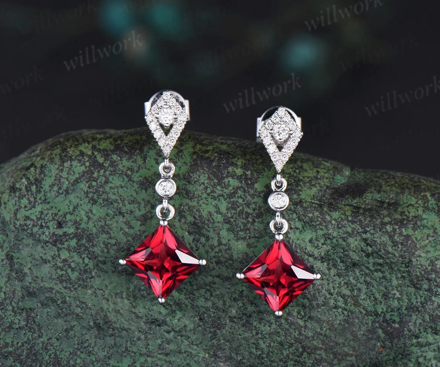 1ct princess cut red ruby earrings women 14k white gold bezel kite halo diamond drop earrings antique anniversary gift for her sold by Willwork Jewelry