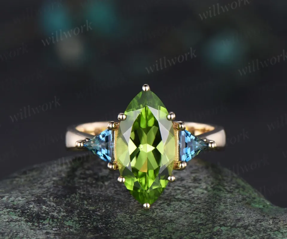Big marquise cut natural peridot engagement ring trilliant cut London blue topaz ring 14k yellow gold unique wedding jewelry made by Willwork Jewelry