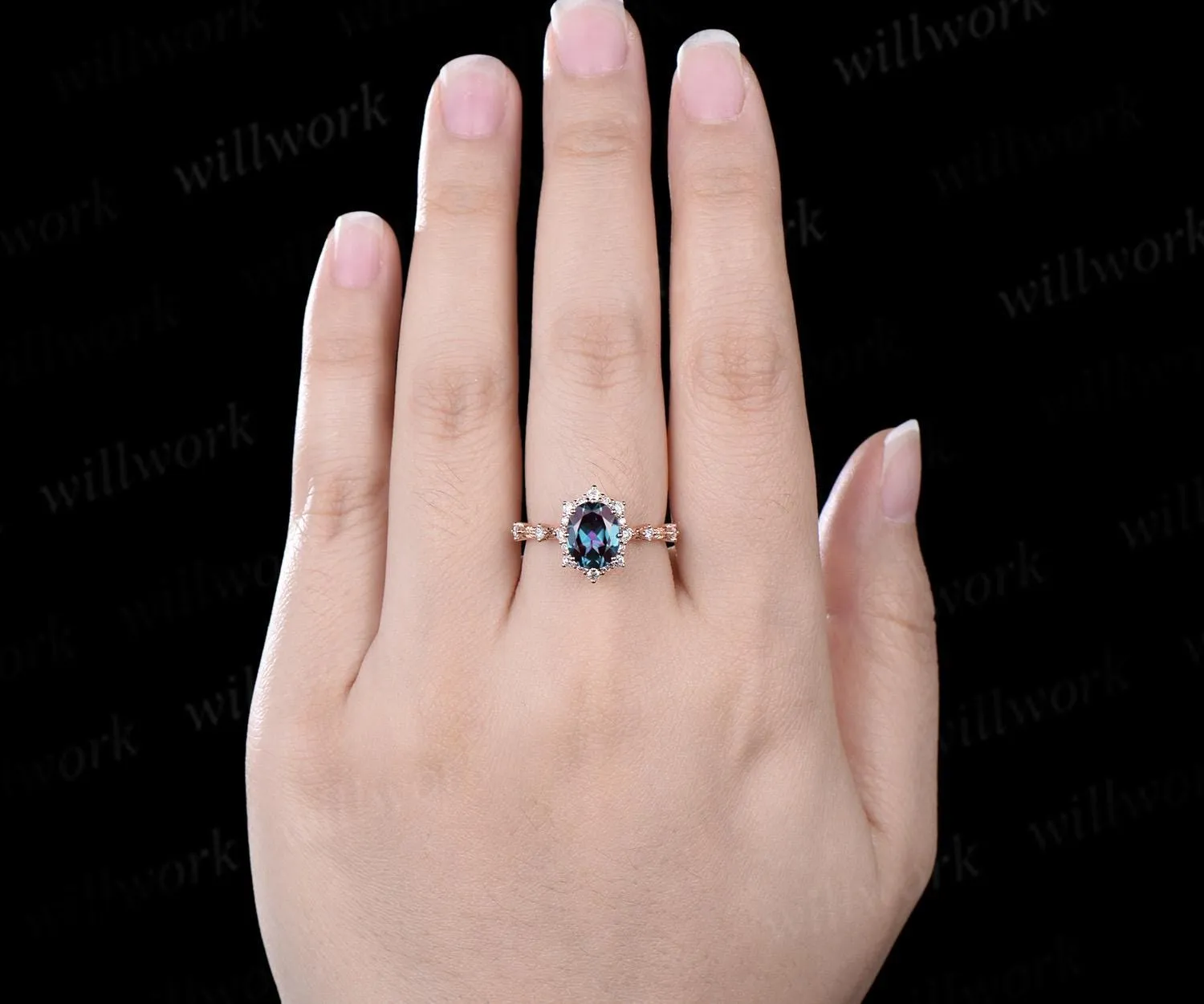 Oval cut Alexandrite snowdrift halo engagement ring leaf half eternity diamond promise ring 14k rose gold unique wedding ring women sold by Willwork Jewelry product image thumbnail 4