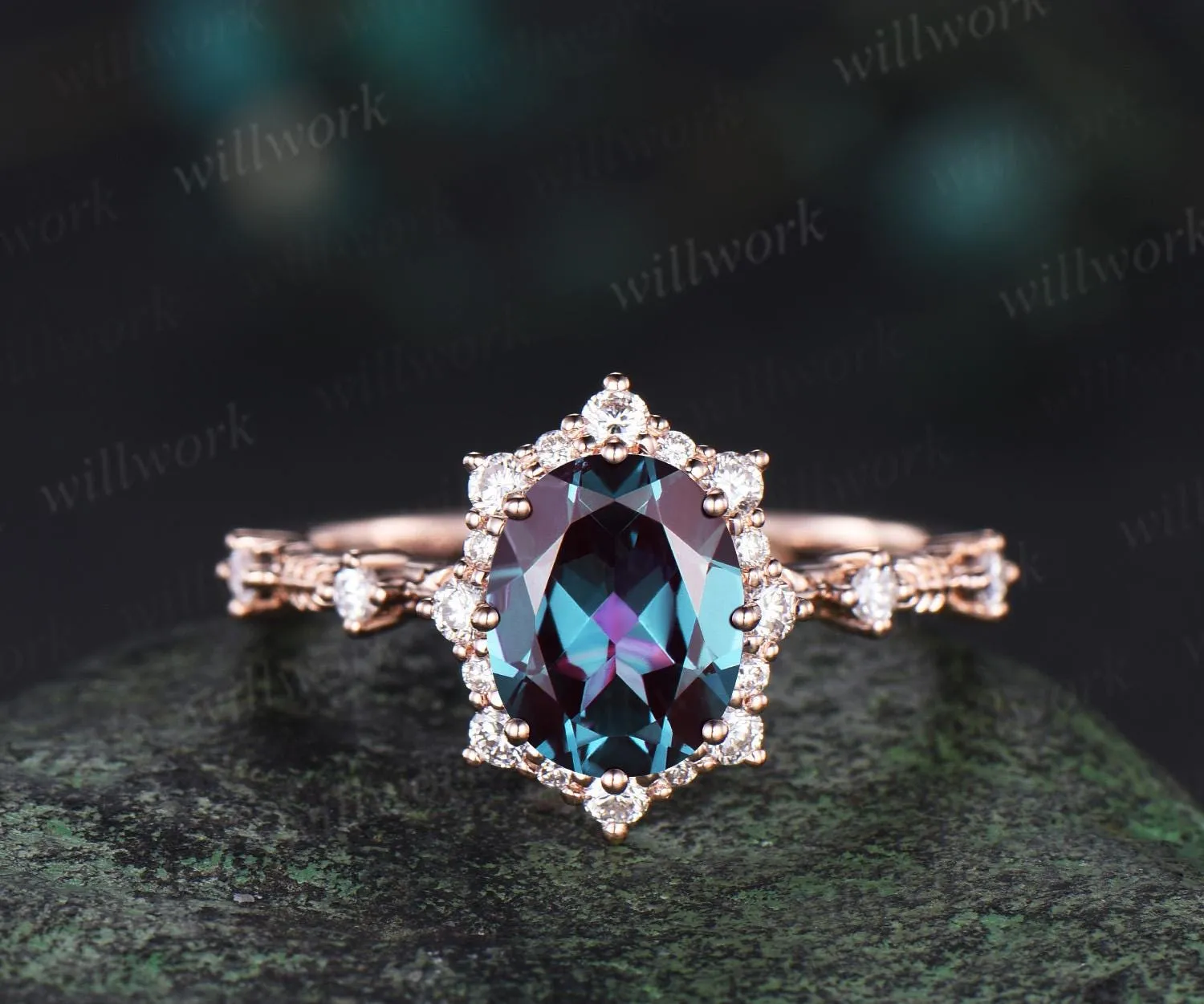 Oval cut Alexandrite snowdrift halo engagement ring leaf half eternity diamond promise ring 14k rose gold unique wedding ring women sold by Willwork Jewelry