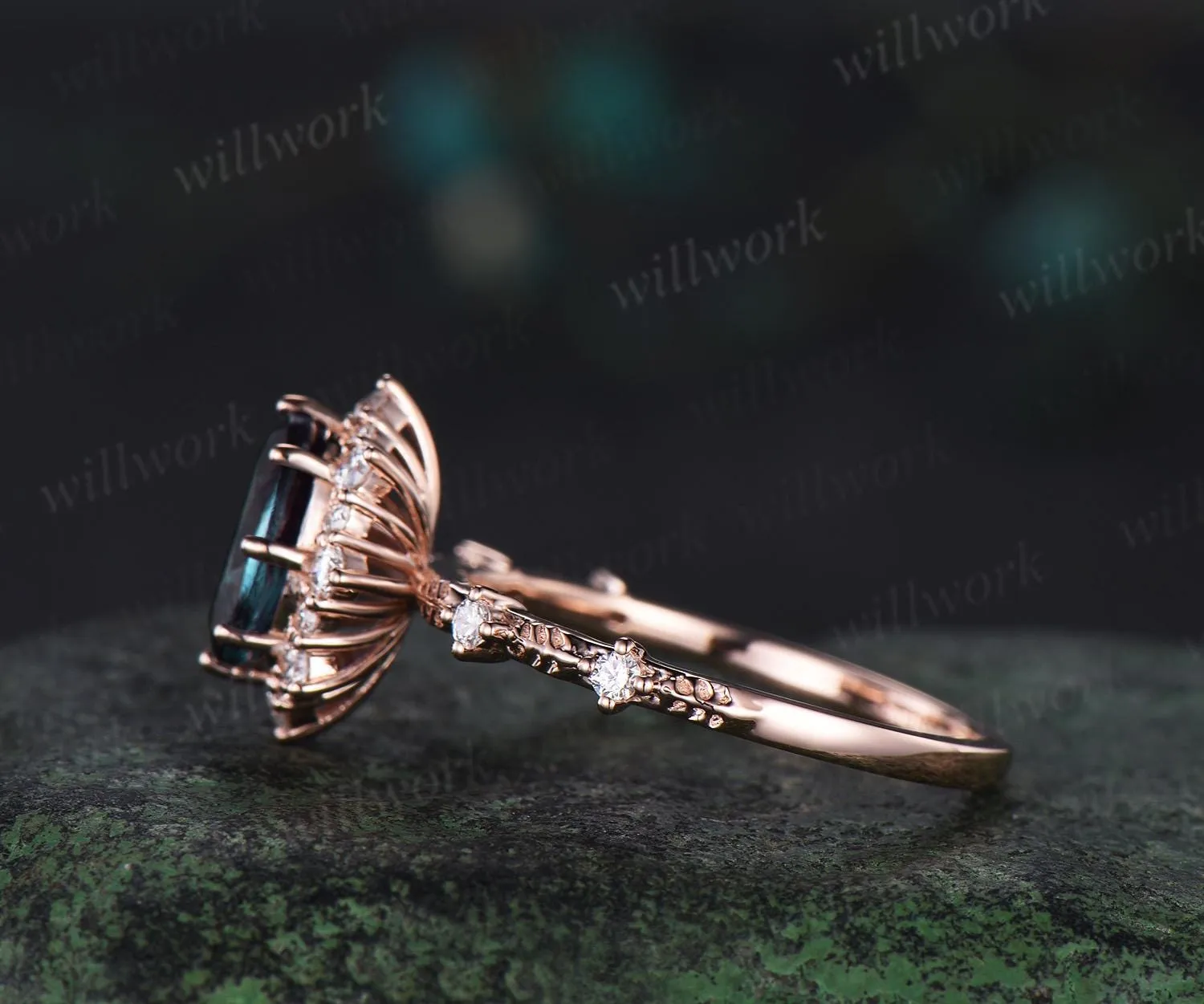 Oval cut Alexandrite snowdrift halo engagement ring leaf half eternity diamond promise ring 14k rose gold unique wedding ring women sold by Willwork Jewelry product image thumbnail 3