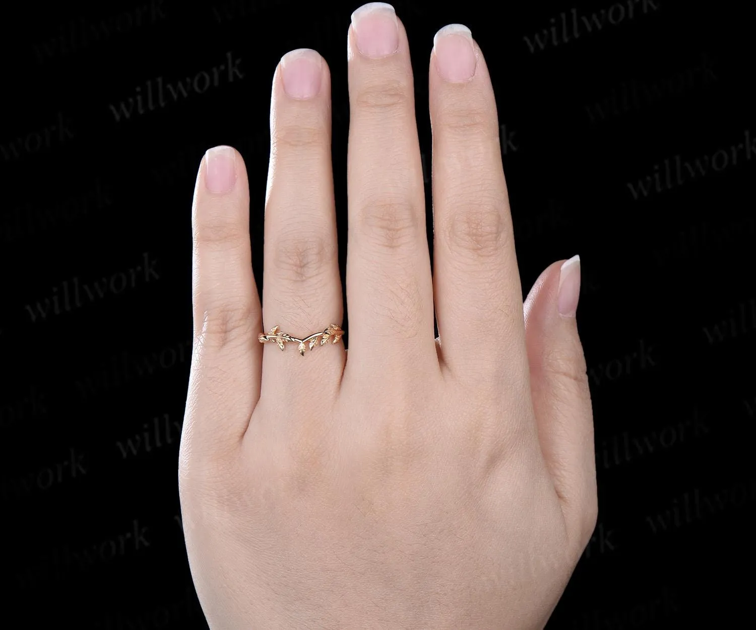 Curved Solitaire leaf wedding band solid 14k yellow gold nature inspired matching stacking wedding ring band women sold by Willwork Jewelry product image thumbnail 3