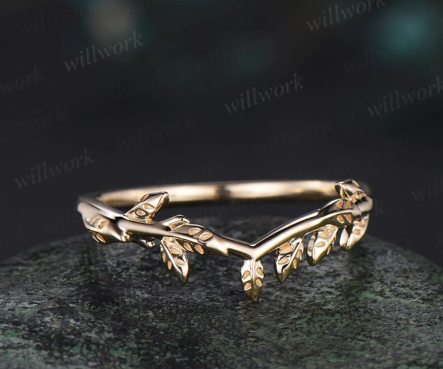 Curved Solitaire leaf wedding band solid 14k yellow gold nature inspired matching stacking wedding ring band women sold by Willwork Jewelry product image thumbnail 4