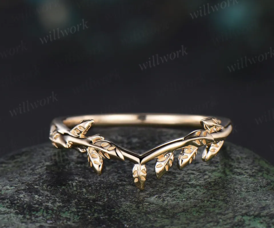Curved Solitaire leaf wedding band solid 14k yellow gold nature inspired matching stacking wedding ring band women made by Willwork Jewelry