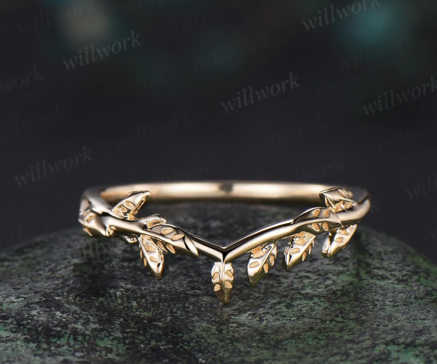 Curved Solitaire leaf wedding band solid 14k yellow gold nature inspired matching stacking wedding ring band women sold by Willwork Jewelry