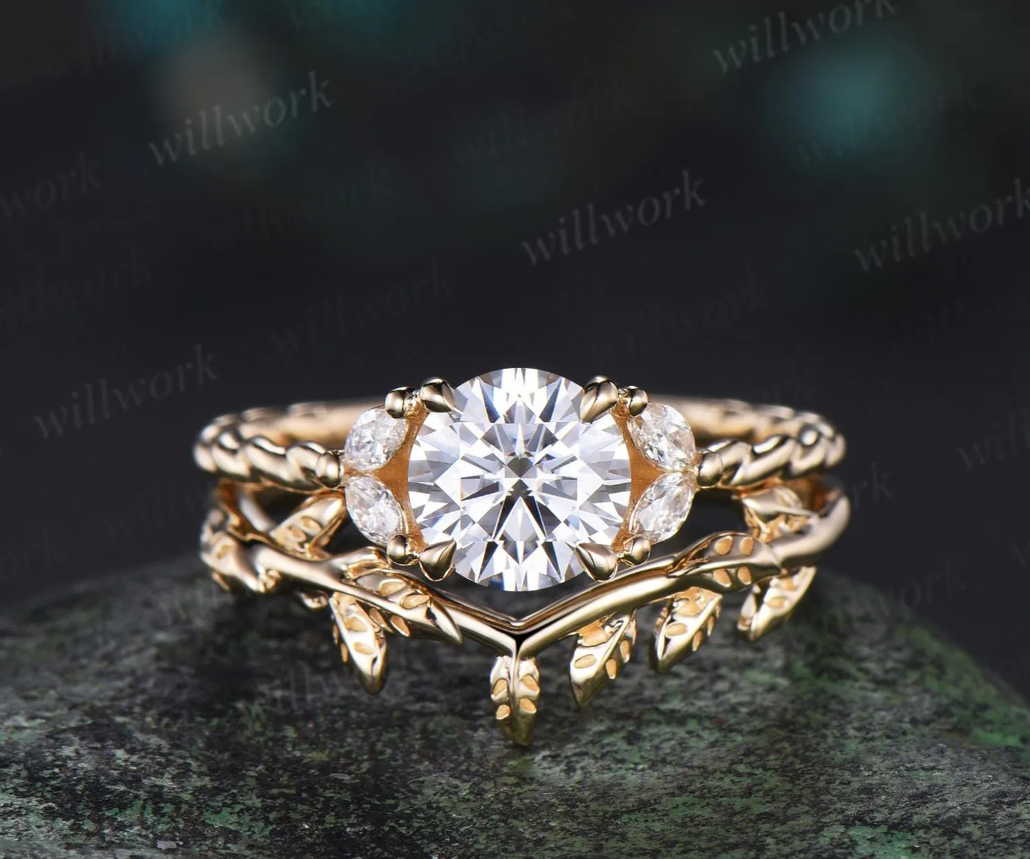 Curved Solitaire leaf wedding band solid 14k yellow gold nature inspired matching stacking wedding ring band women sold by Willwork Jewelry product image thumbnail 5