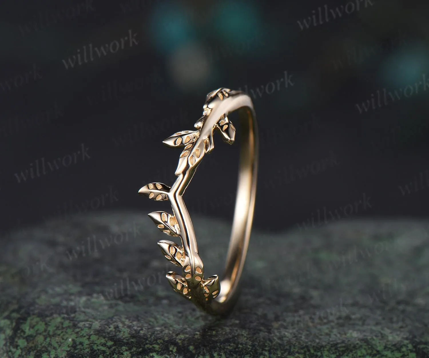 Curved Solitaire leaf wedding band solid 14k yellow gold nature inspired matching stacking wedding ring band women sold by Willwork Jewelry product image thumbnail 2