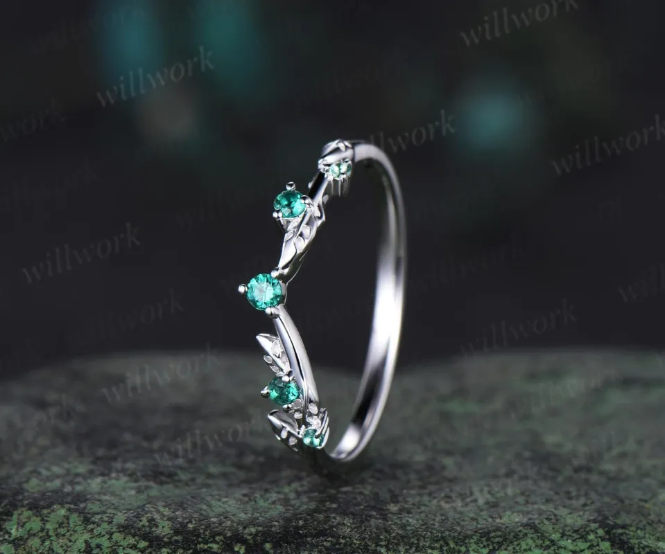 Curved emerald wedding band 14k white gold five stone leaf stacking wedding ring women sold by Willwork Jewelry