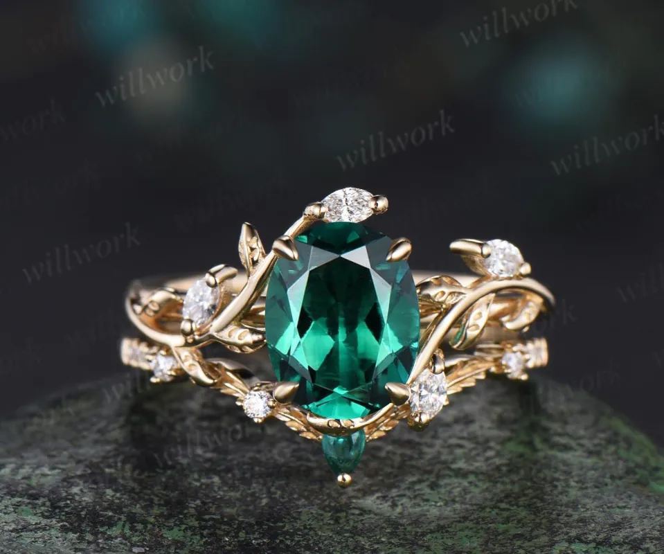 2ct oval cut green emerald engagement ring 14k yellow gold cluster leaf nature inspired moissanite annversary ring set women sold by Willwork Jewelry