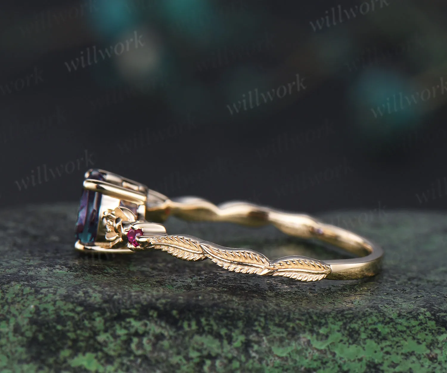 1ct round cut alexandrite ring vintage floral leaf engagement ring yellow gold ruby unique promise ring her sold by Willwork Jewelry product image thumbnail 3