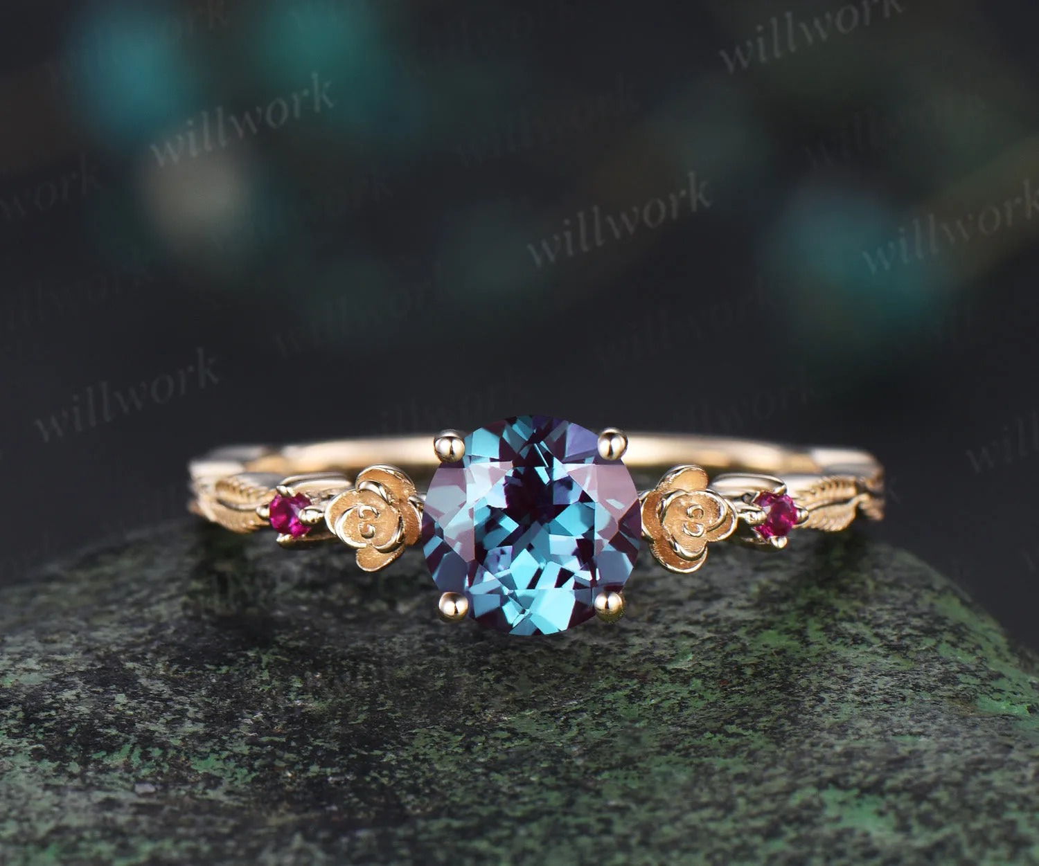 1ct round cut alexandrite ring vintage floral leaf engagement ring yellow gold ruby unique promise ring her sold by Willwork Jewelry product image thumbnail 2