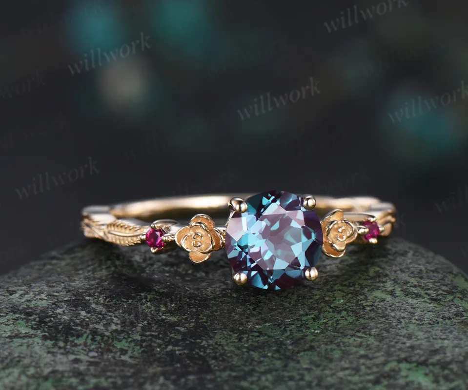 1ct round cut alexandrite ring vintage floral leaf engagement ring yellow gold ruby unique promise ring her sold by Willwork Jewelry