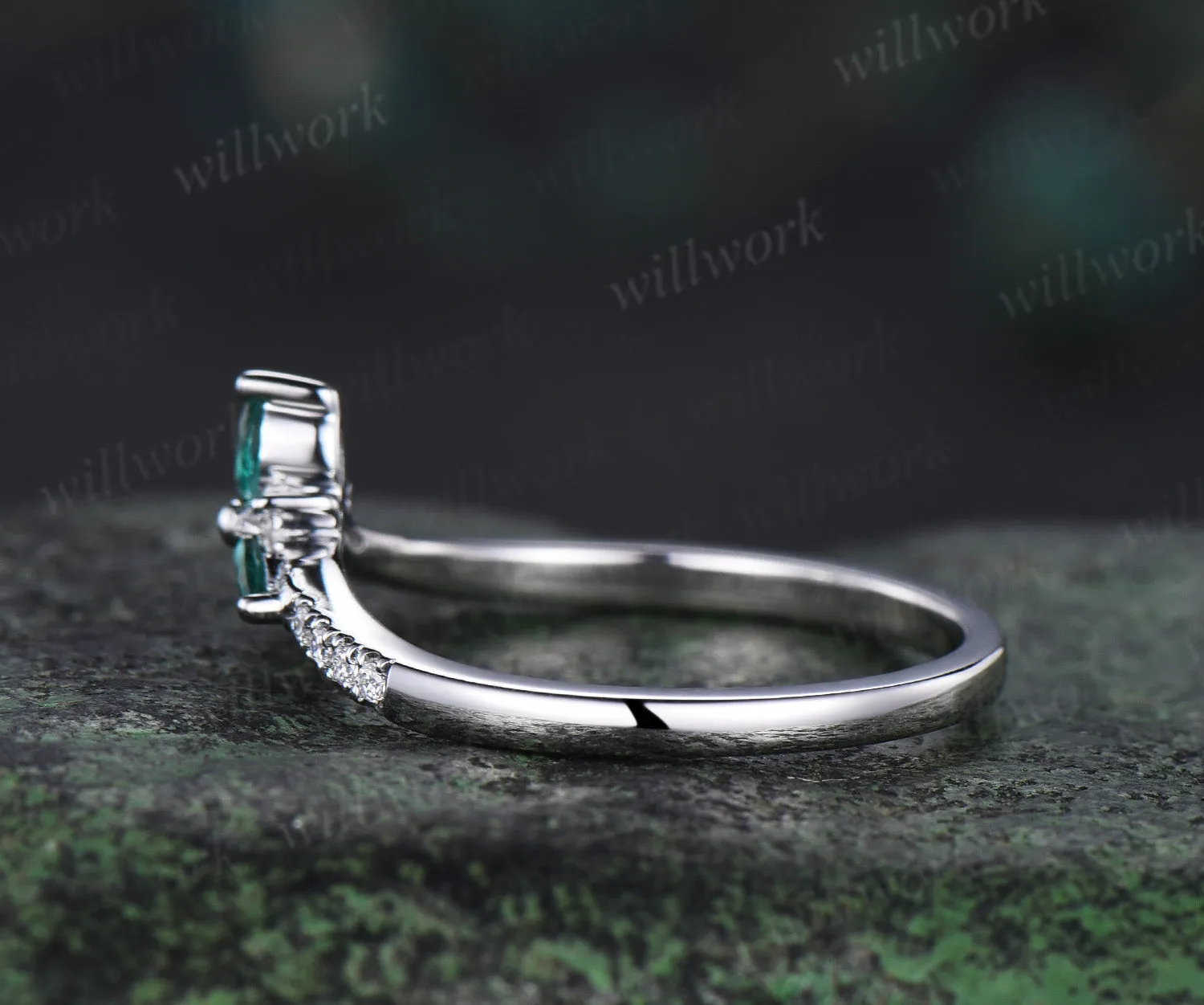 Vintage Curved V shaped emerald diamond wedding band 14k 18k white gold unique moissanite wedding ring band dainty anniversary ring women sold by Willwork Jewelry product image thumbnail 5