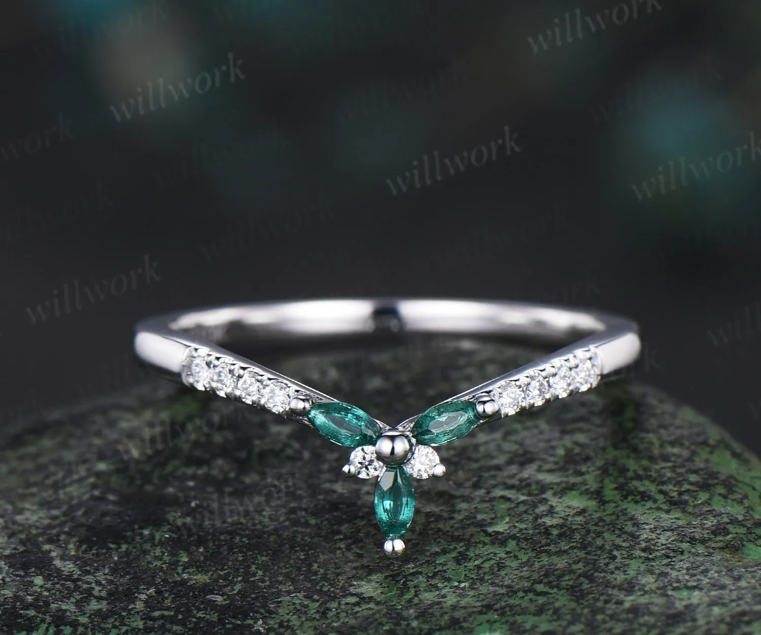 Vintage Curved V shaped emerald diamond wedding band 14k 18k white gold unique moissanite wedding ring band dainty anniversary ring women sold by Willwork Jewelry