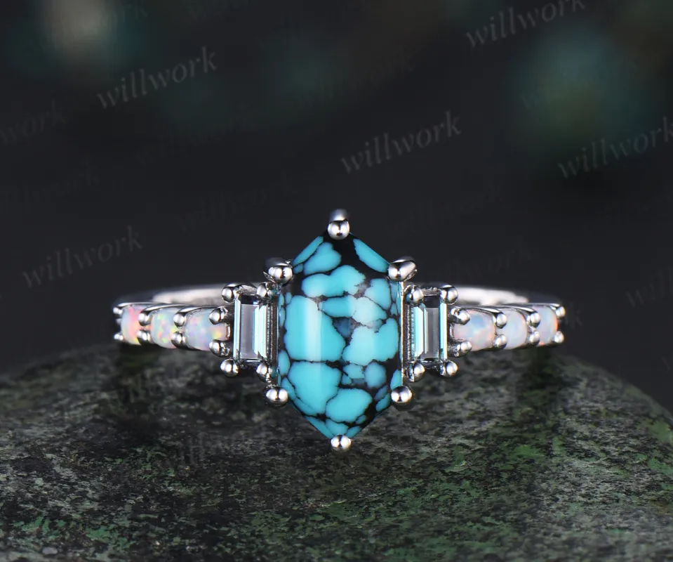 Unique Long hexagon cut turquoise engagement ring cluster baguette alexandrite opal wedding ring art deco proposal gifts sold by Willwork Jewelry