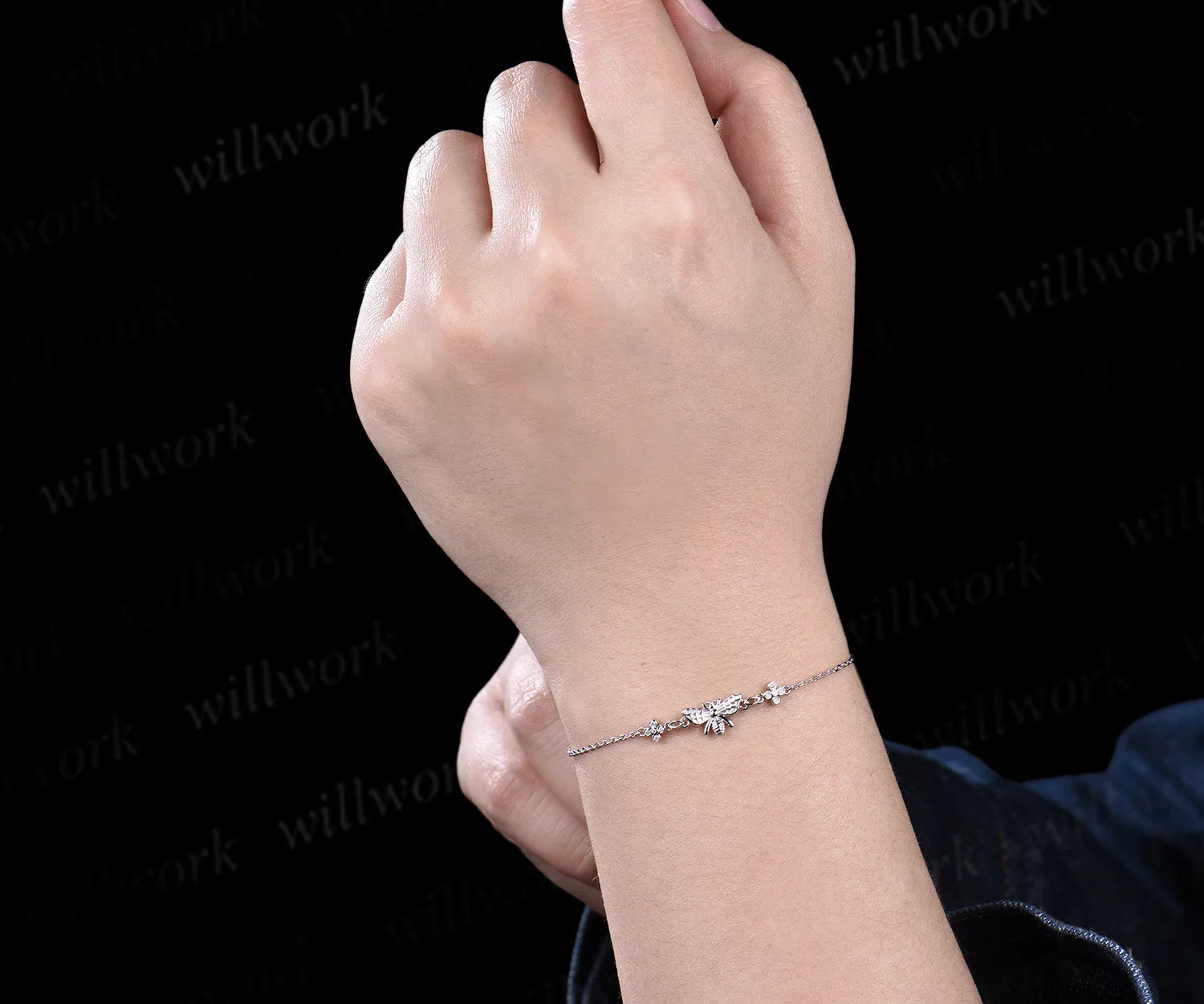 18k Solid white Gold Bee Bracelet Moissanite Flower Adjustable Stylish Bumblebee Bracelet Honey Bee Chain Bracelet Animal Bracelet Gift Women sold by Willwork Jewelry product image thumbnail 3