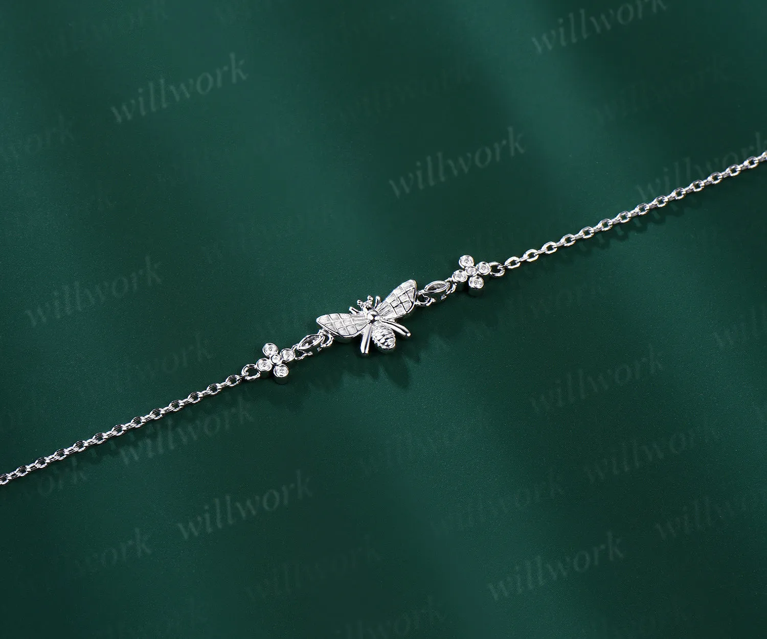 18k Solid white Gold Bee Bracelet Moissanite Flower Adjustable Stylish Bumblebee Bracelet Honey Bee Chain Bracelet Animal Bracelet Gift Women sold by Willwork Jewelry product image thumbnail 2