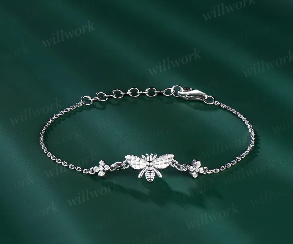 18k Solid white Gold Bee Bracelet Moissanite Flower Adjustable Stylish Bumblebee Bracelet Honey Bee Chain Bracelet Animal Bracelet Gift Women sold by Willwork Jewelry