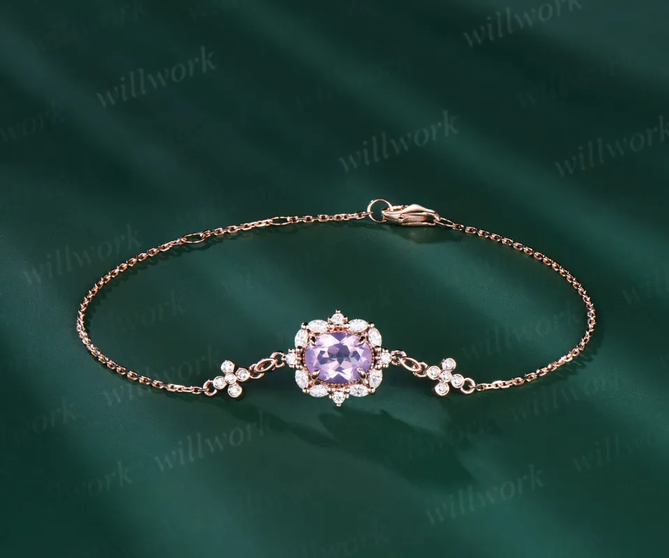 14K Real Rose Gold Oval Lavender Amethyst & Diamond Chain Bracelets Dainty Simple Genuine Gemstone Crystal Charm Wedding Bracelet for Bridal made by Willwork Jewelry