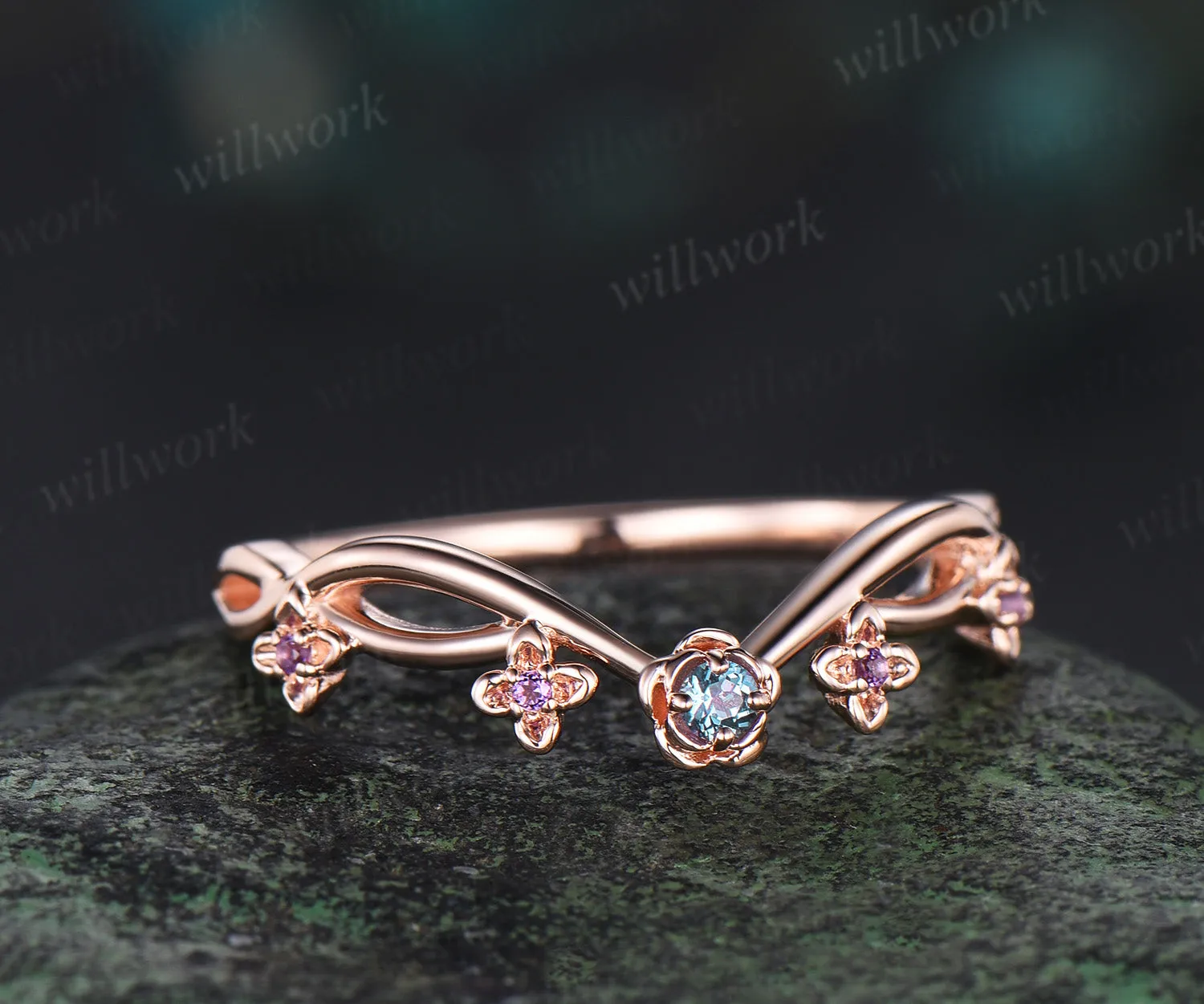 Floral Alexandrite amethyst wedding band five stone infinity stacking ring women 14k rose gold gift sold by Willwork Jewelry product image thumbnail 5