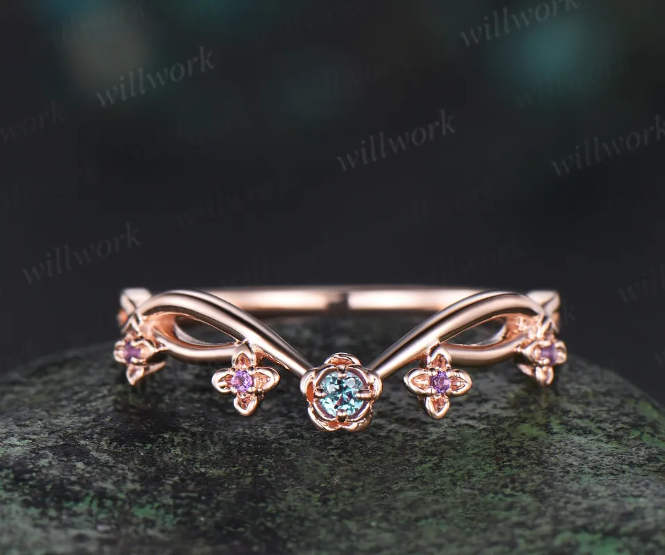 Floral Alexandrite amethyst wedding band five stone infinity stacking ring women 14k rose gold gift sold by Willwork Jewelry