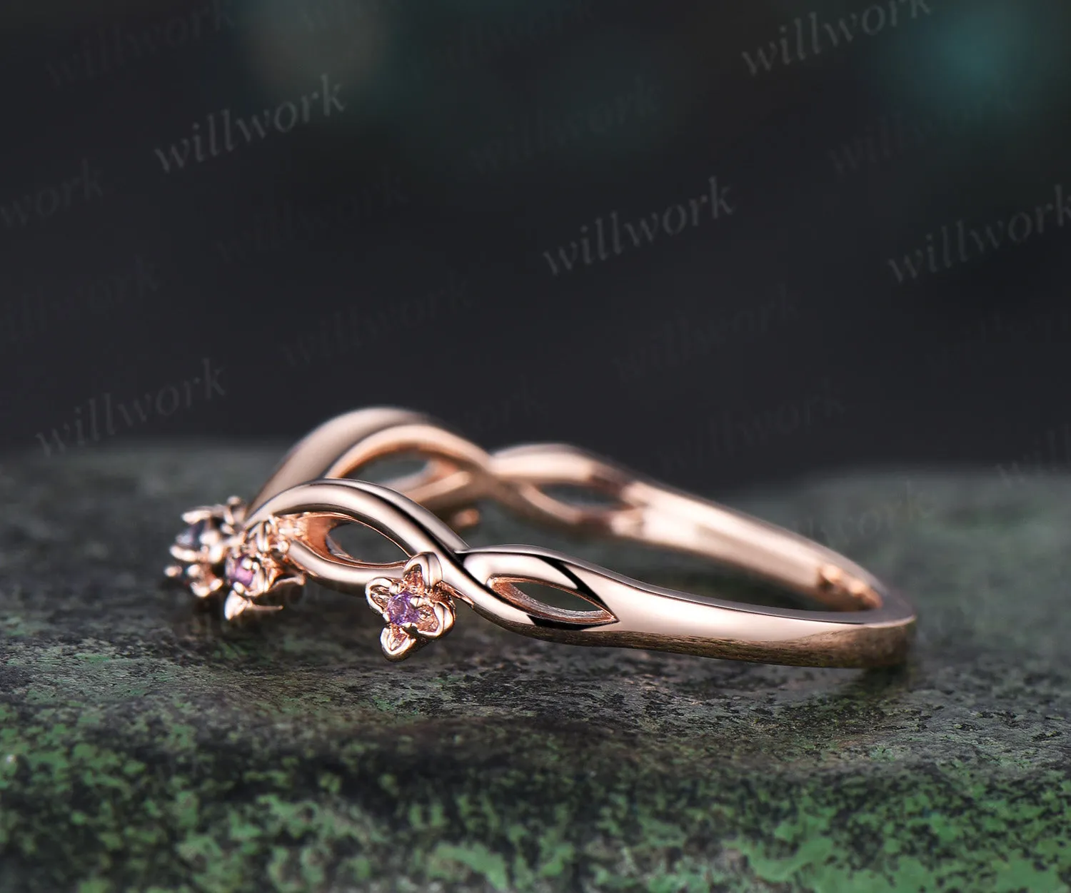 Floral Alexandrite amethyst wedding band five stone infinity stacking ring women 14k rose gold gift sold by Willwork Jewelry product image thumbnail 4