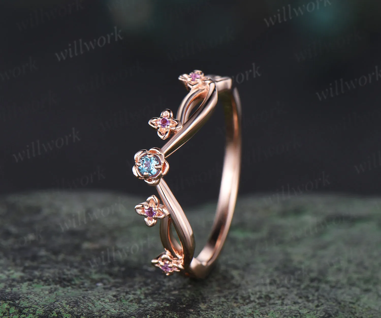 Floral Alexandrite amethyst wedding band five stone infinity stacking ring women 14k rose gold gift sold by Willwork Jewelry product image thumbnail 2