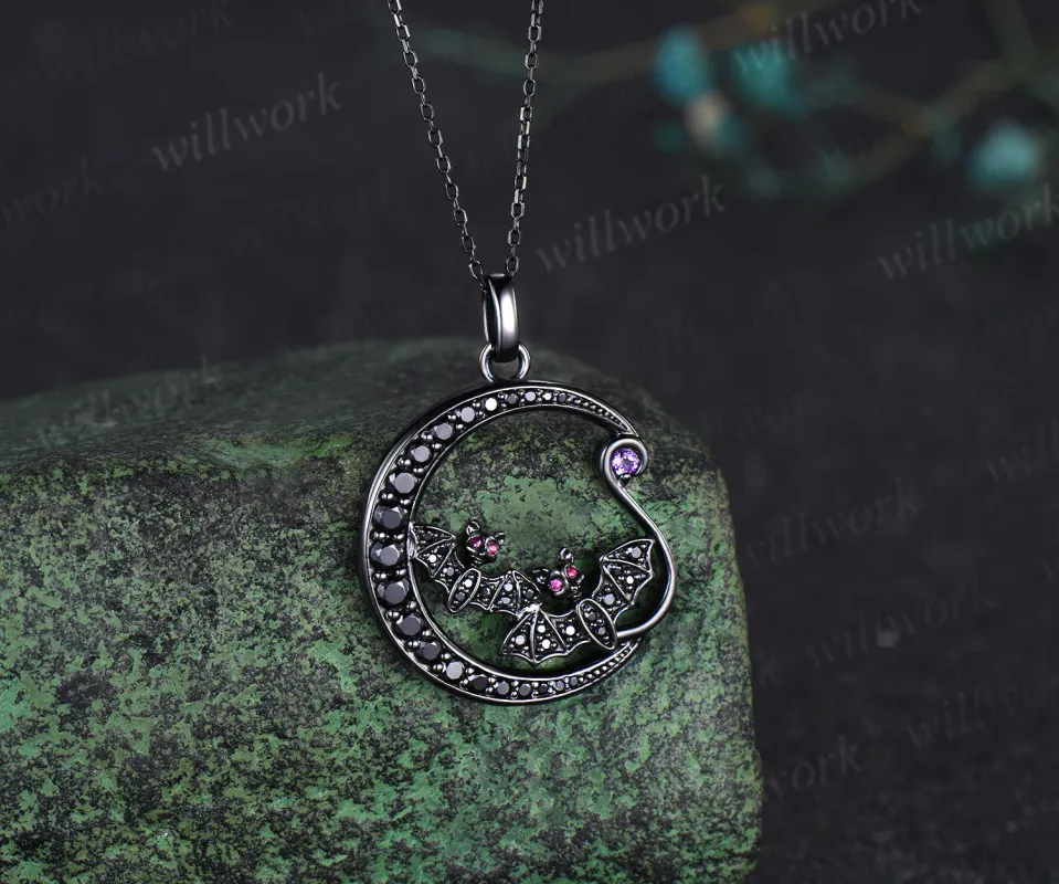 Unique Black Gold Night Moon Bat Gothic Pendant Necklace Magic Crescent Moon Amethyst Black Spinel Necklace Halloween Anniversary gift Women sold by Willwork Jewelry