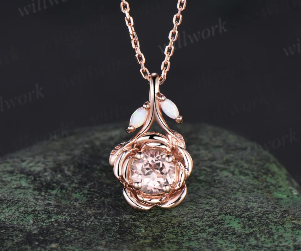 Floral Design Natural Inspired Morganite Necklace Vintage 0.5ct Morganite Opal Leaf Shape 14k Solid rose Gold Pendant Promise Gift Women made by Willwork Jewelry