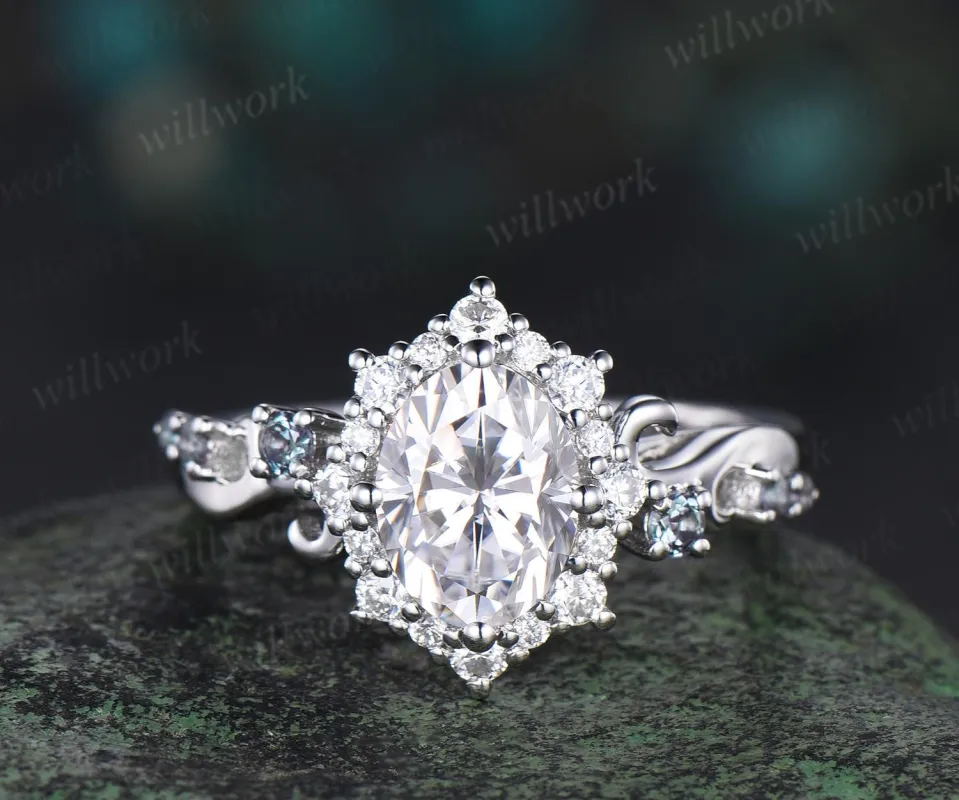 Vintage oval cut moissanite engagement ring halo diamond ring 14k white gold art deco alexandrite ring unique wedding ring women jewelry sold by Willwork Jewelry
