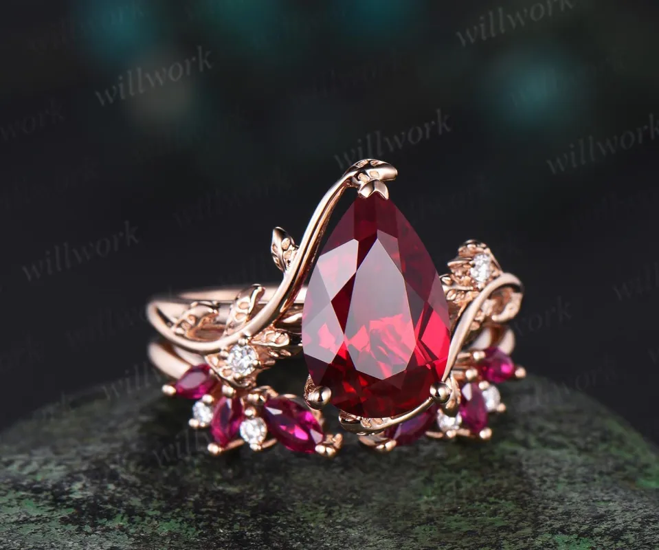 Pear red ruby engagement ring set rose gold big ruby ring vintage open gap wedding band leaf nature inspired bridal ring set women sold by Willwork Jewelry