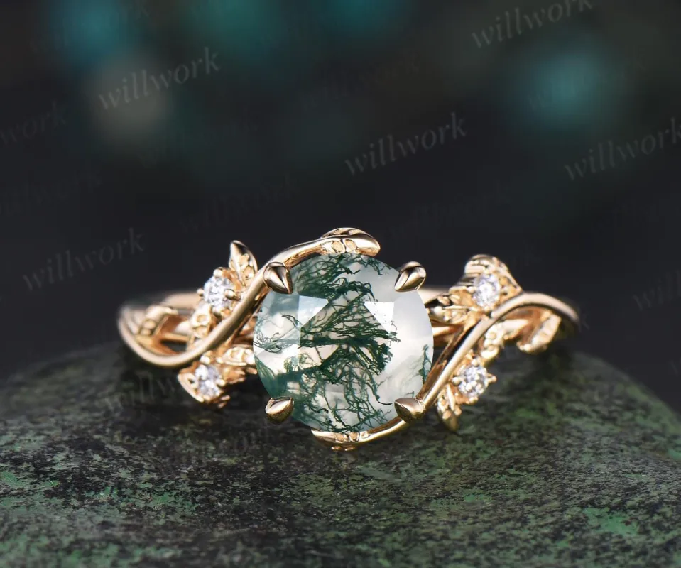 2ct round cut moss agate ring 14k yellow gold branch leaf diamond ring vintage engagement ring women sold by Willwork Jewelry