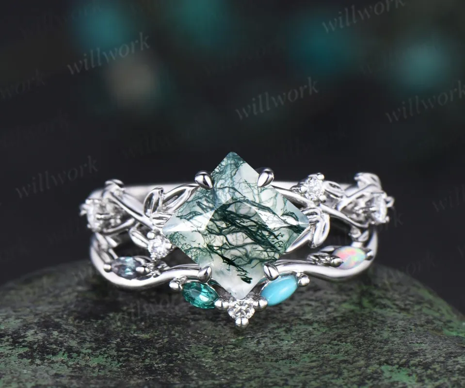Princess cut moss agate engagement ring set twig leaf diamond turquoise opal emerald alexandrite wedding ring set women jewelry sold by Willwork Jewelry