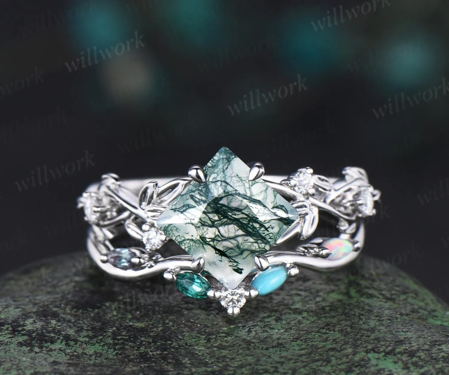 Princess cut moss agate engagement ring set twig leaf diamond turquoise opal emerald alexandrite wedding ring set women jewelry sold by Willwork Jewelry