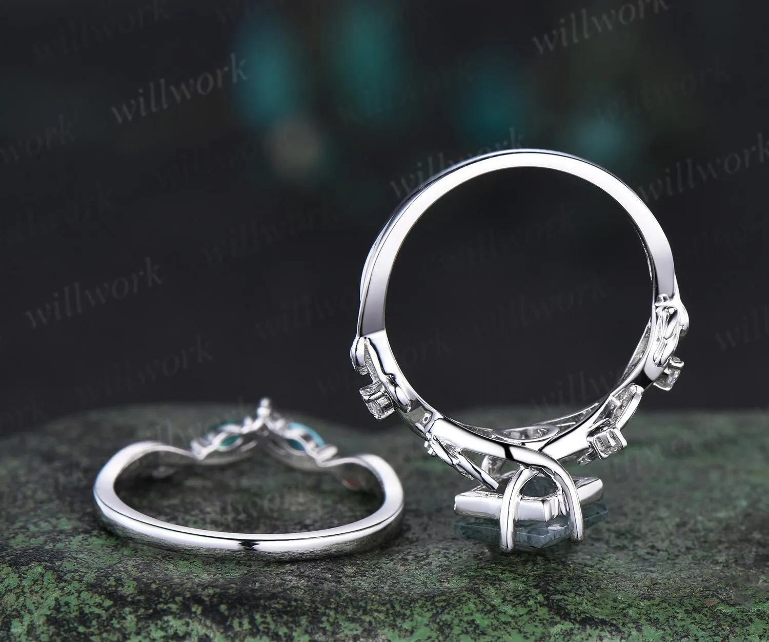 Princess cut moss agate engagement ring set twig leaf diamond turquoise opal emerald alexandrite wedding ring set women jewelry sold by Willwork Jewelry product image thumbnail 5