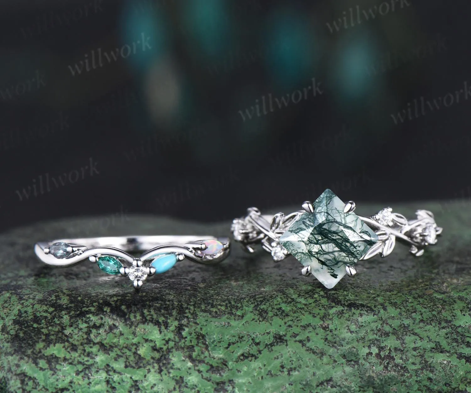Princess cut moss agate engagement ring set twig leaf diamond turquoise opal emerald alexandrite wedding ring set women jewelry sold by Willwork Jewelry product image thumbnail 2