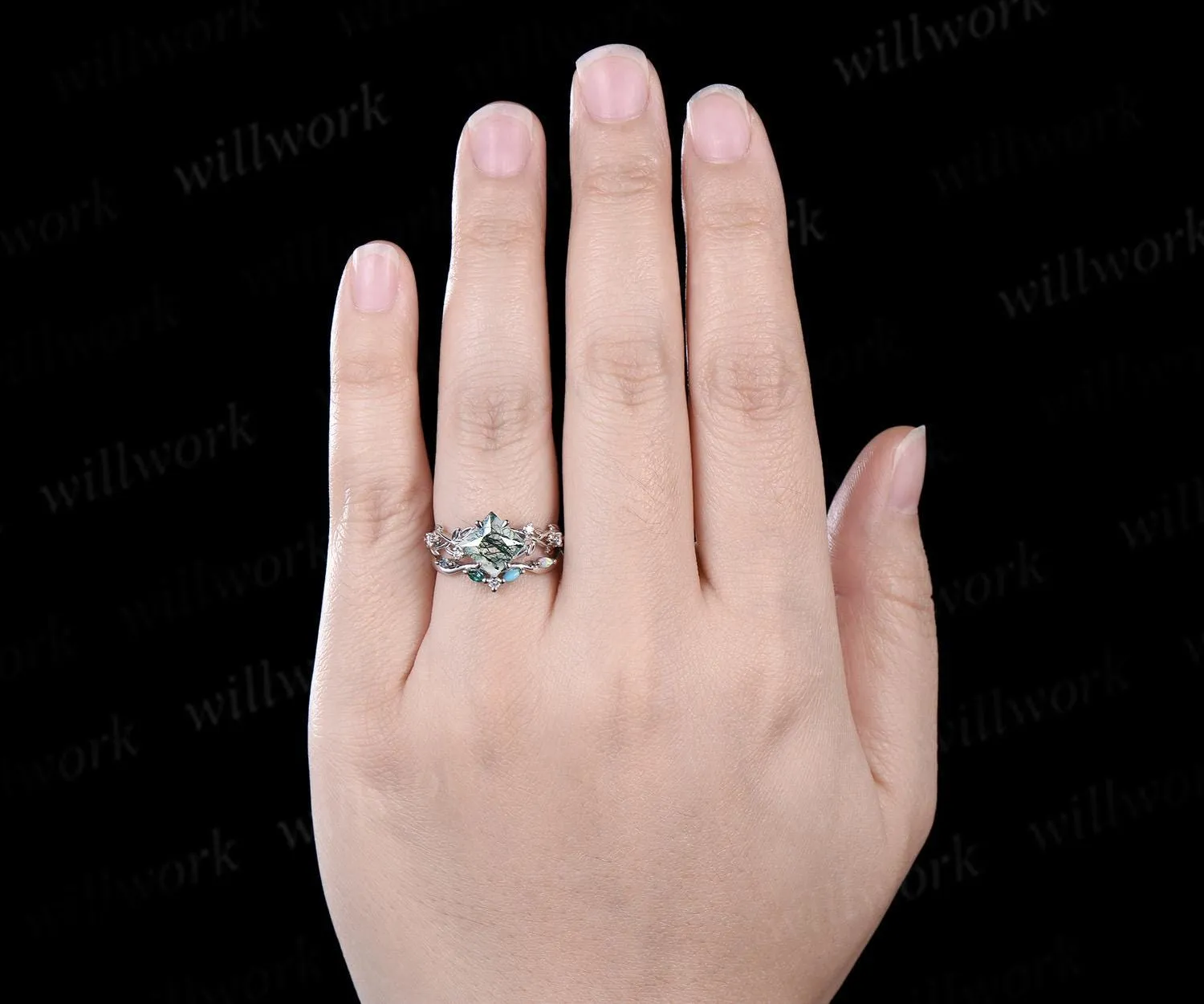 Princess cut moss agate engagement ring set twig leaf diamond turquoise opal emerald alexandrite wedding ring set women jewelry sold by Willwork Jewelry product image thumbnail 3