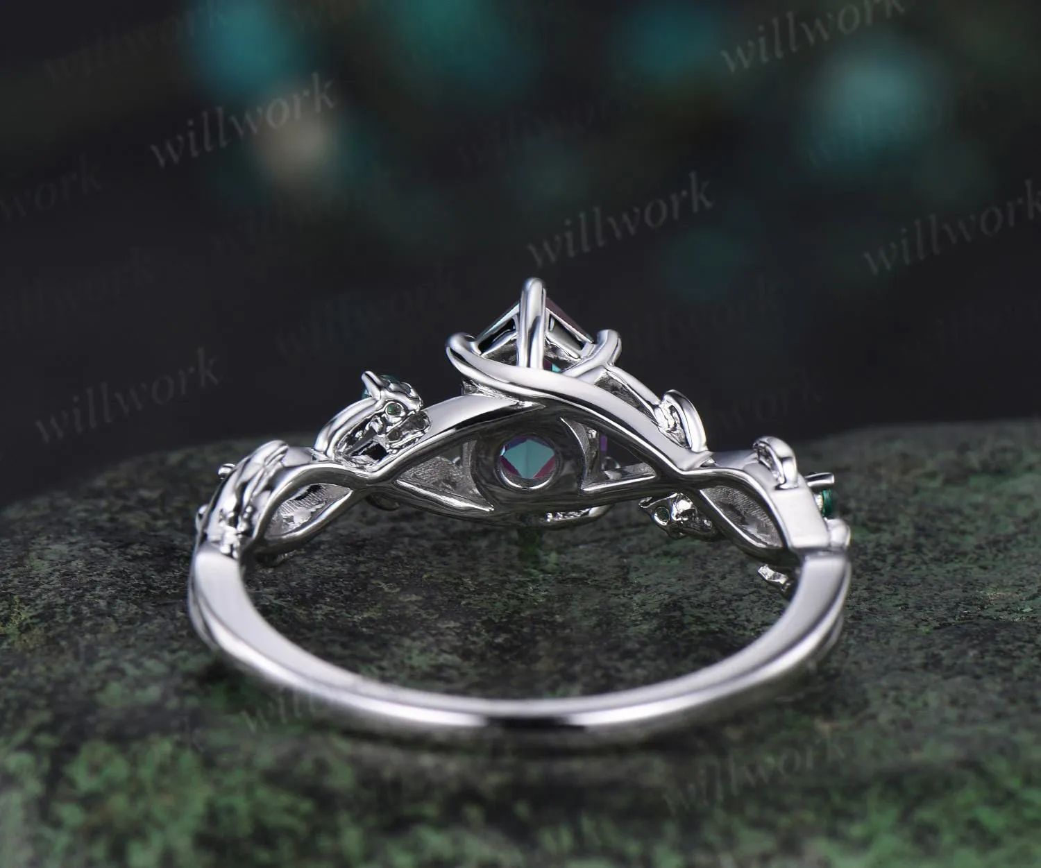 Vintage Long hexagon cut alexandrite engagement ring 14k white gold twig leaf emerald ring women nature inspired anniversary ring gift sold by Willwork Jewelry product image thumbnail 5