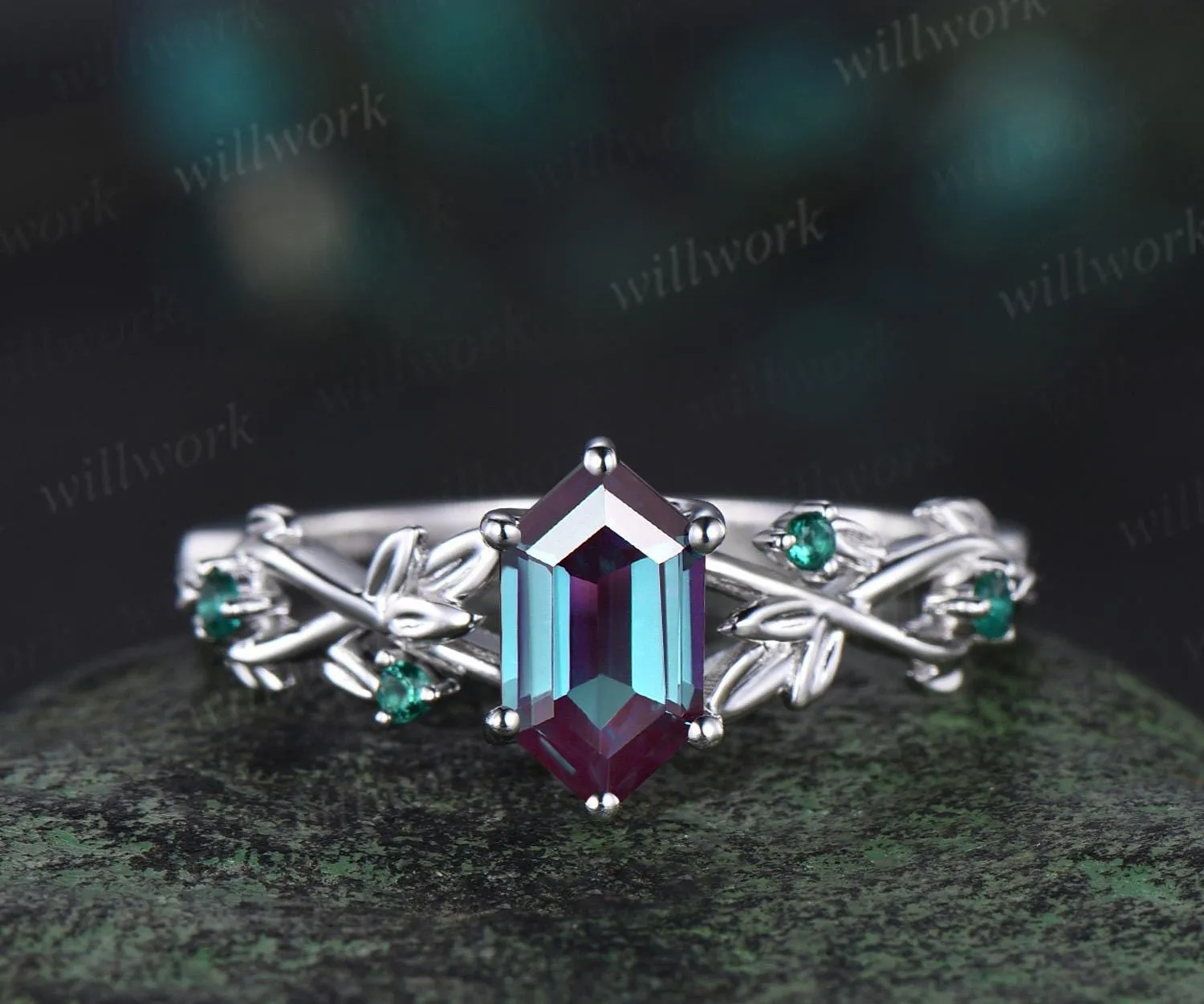 Vintage Long hexagon cut alexandrite engagement ring 14k white gold twig leaf emerald ring women nature inspired anniversary ring gift sold by Willwork Jewelry product image thumbnail 2