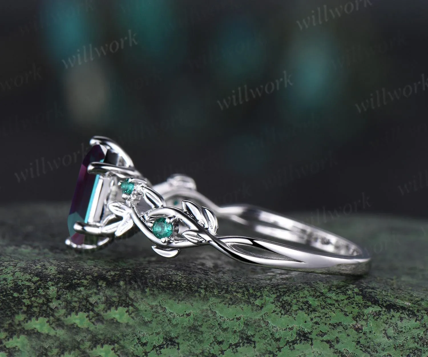 Vintage Long hexagon cut alexandrite engagement ring 14k white gold twig leaf emerald ring women nature inspired anniversary ring gift sold by Willwork Jewelry product image thumbnail 4