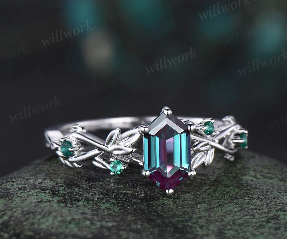 Vintage Long hexagon cut alexandrite engagement ring 14k white gold twig leaf emerald ring women nature inspired anniversary ring gift sold by Willwork Jewelry