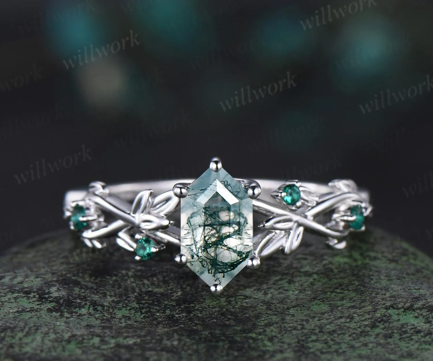 Long hexagon cut moss agate engagement ring vintage 14k white gold twig leaf emerald ring women nature inspired anniversary ring gift sold by Willwork Jewelry