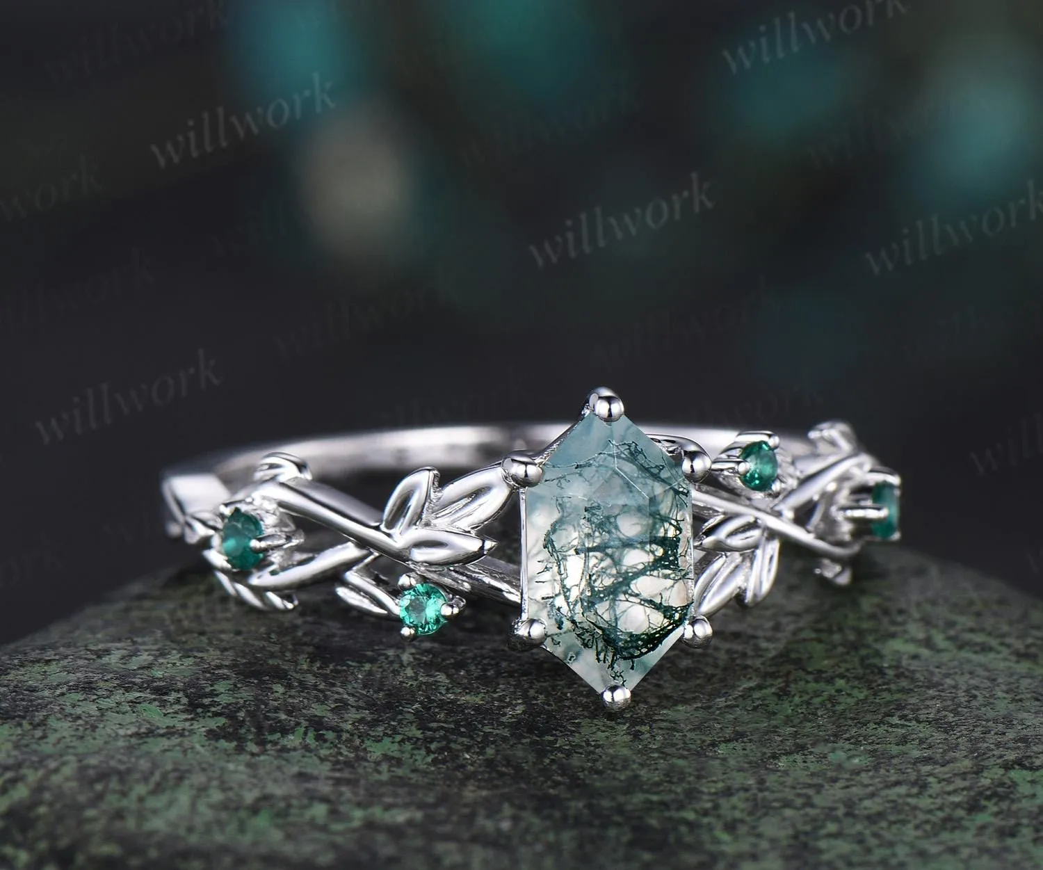 Long hexagon cut moss agate engagement ring vintage 14k white gold twig leaf emerald ring women nature inspired anniversary ring gift sold by Willwork Jewelry product image thumbnail 2